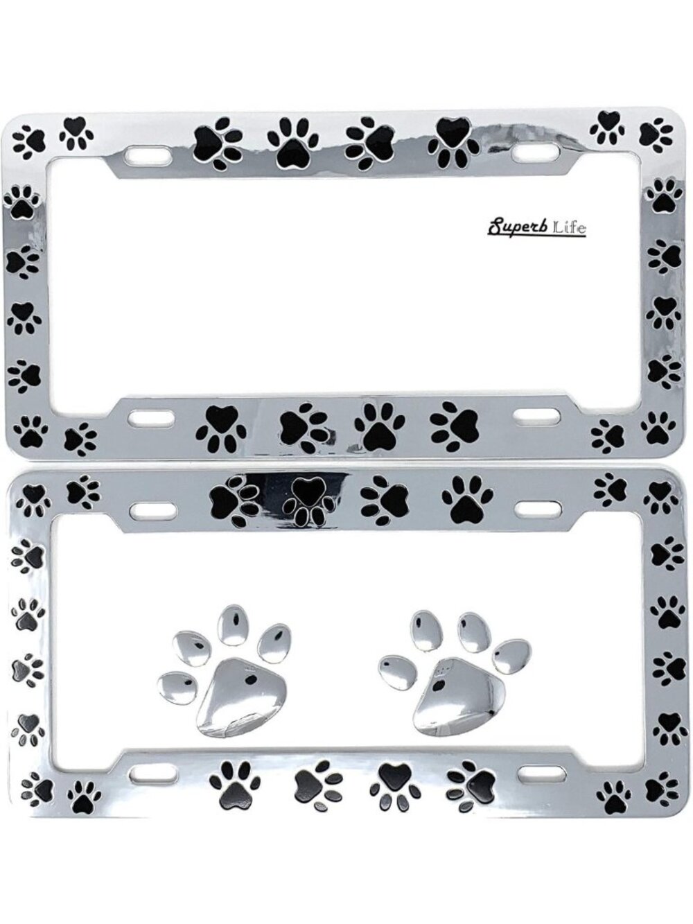 Set of 2 Animal Print License Plate Frames with 3D Chrome Dog Paw Stickers